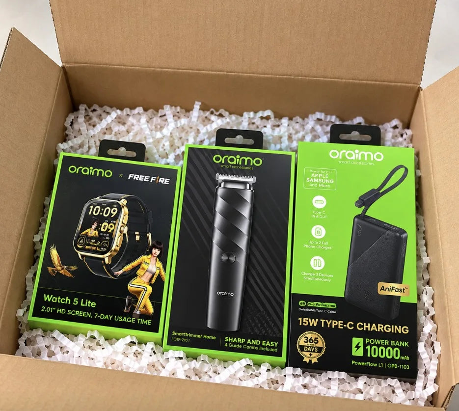 باقات Oraimo – Pack Cadeau | اختر باقتك: باك الموسيقى، الرجل الأنيق، الرجل العصري أو التقنية الكاملة بـ6 منتجات + هدية
