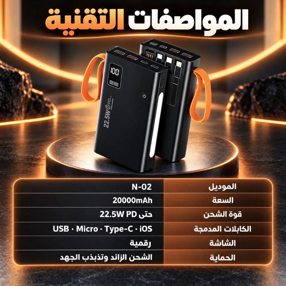 باور بانك N-02 – 20000 مللي أمبير | Power Bank شحن فائق 22,5W PD مع 4 كابلات مدمجة وشاشة رقمية