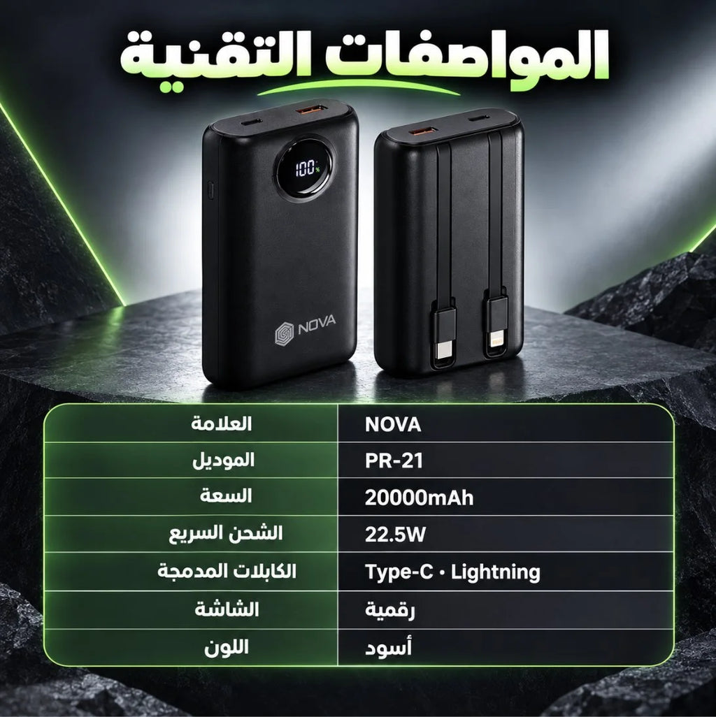 باور بانك NOVA PR-21 – 20000 مللي أمبير | Power Bank شحن سريع 22.5W مع كابلين Type-C وLightning