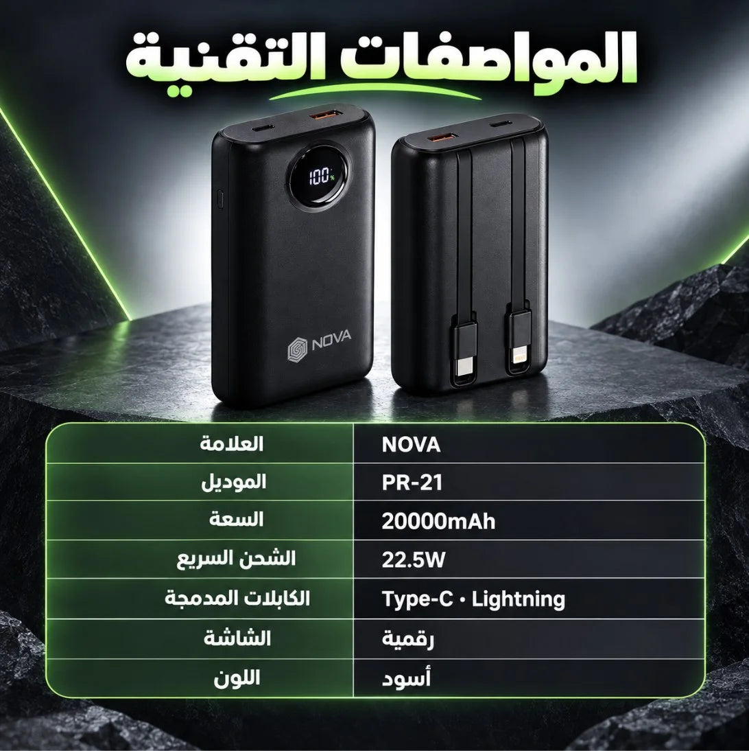 باور بانك NOVA PR-21 – 20000 مللي أمبير | Power Bank شحن سريع 22.5W مع كابلين Type-C وLightning