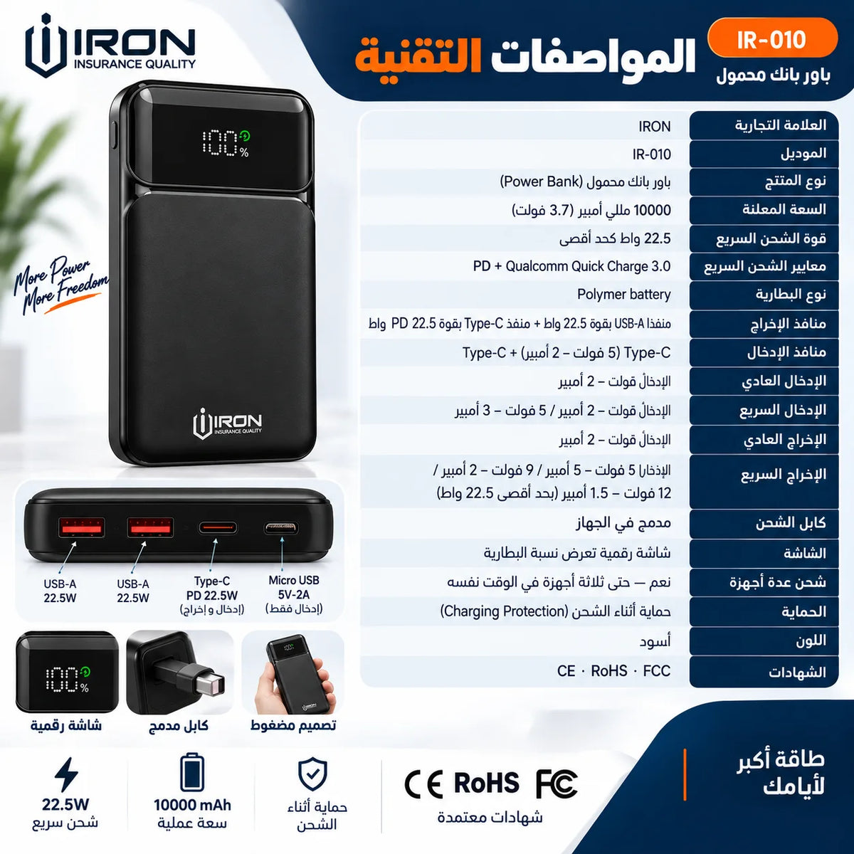 باور بانك IRON 10000 مللي أمبير – Power Bank IR-010 | شحن سريع 22.5W مع كابل مدمج وشاشة رقمية