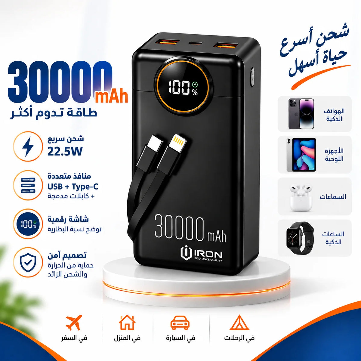 باور بانك IRON – Power Bank | 30000 · 40000 · 50000 مللي أمبير | شحن 22.5W وكابل مدمج + باك مع مشترك كهربائي أو كشاف