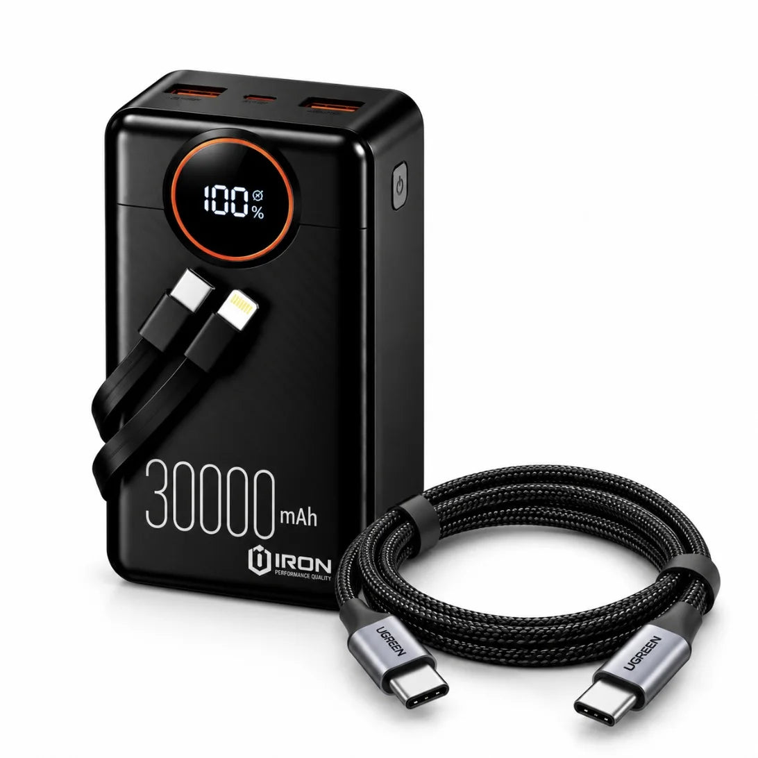 باور بانك IRON 30000 مللي أمبير – Power Bank | شحن سريع 22.5W مع كابل مدمج وشاشة رقمية
