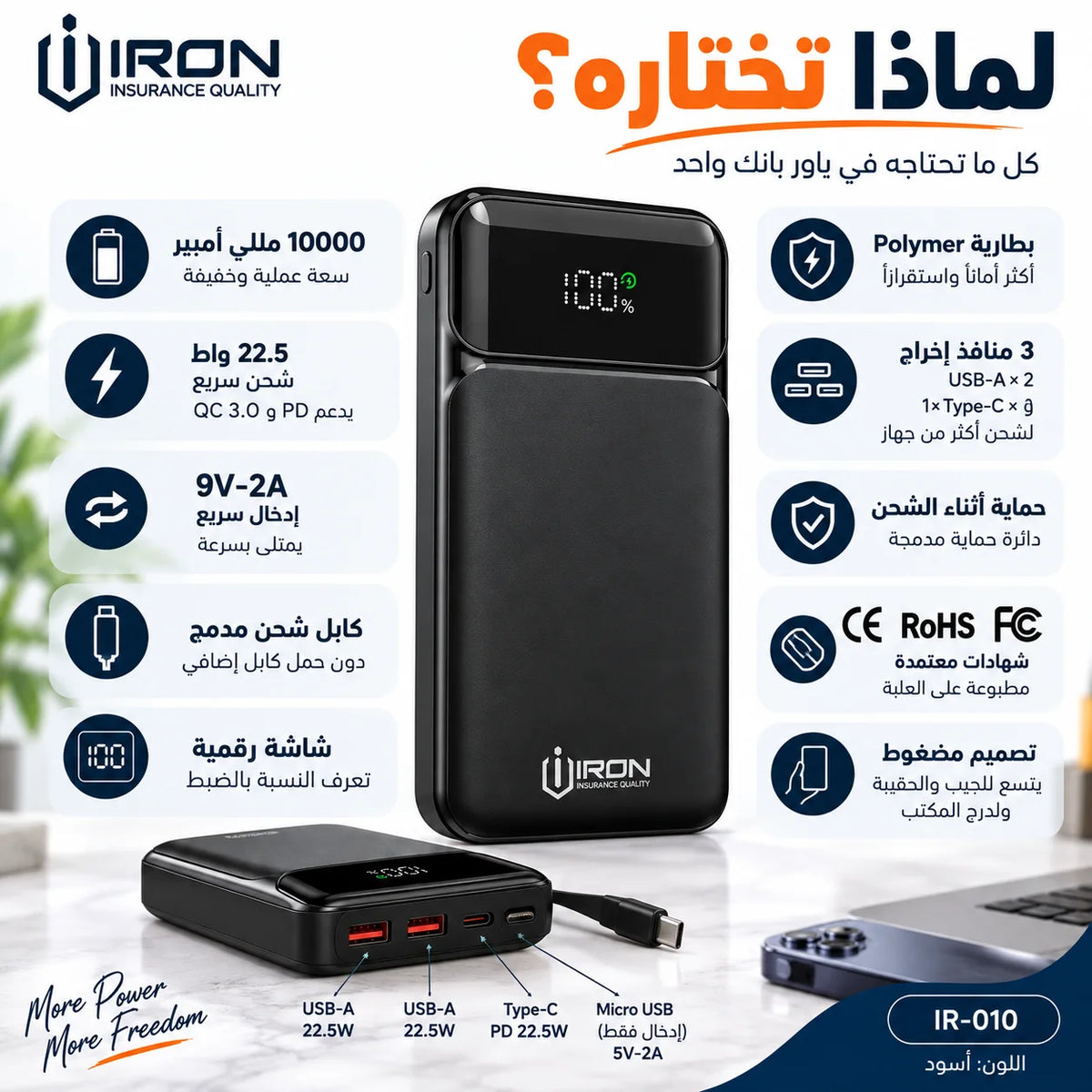 باور بانك IRON 10000 مللي أمبير – Power Bank IR-010 | شحن سريع 22.5W مع كابل مدمج وشاشة رقمية