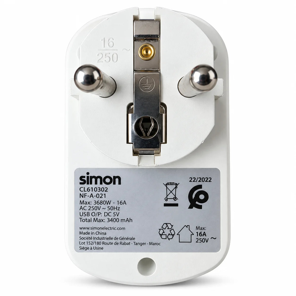 محول كهربائي Simon بمقبس فرنسي + منفذي USB – Adaptateur Combi 16A 3680W – شحن ذكي 17 واط