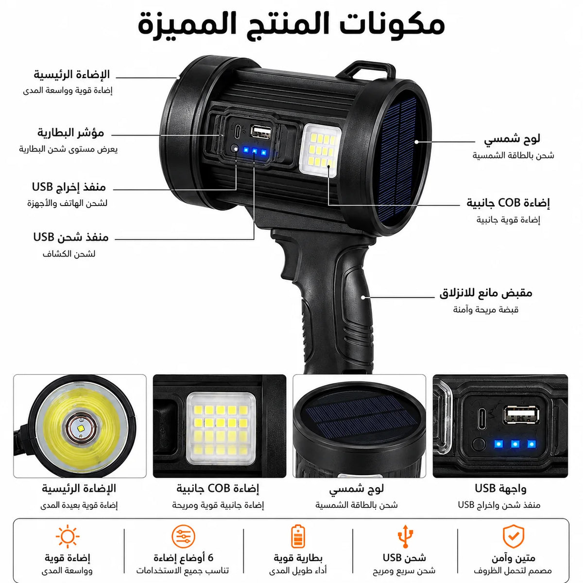 🔦 كشاف يدوي قوي حجم صغير بالطاقة الشمسية – إضاءة قوية + شحن الهاتف